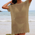 Beige hollow-out crochet tunic top with round neckline and short sleeves