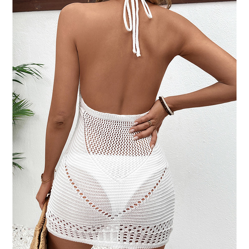 White backless crochet halter mini dress with tie straps and hollow-out mesh back