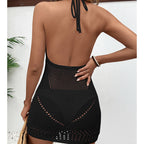 Black backless crochet halter mini dress with tie straps and hollow-out eyelet back