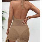 Khaki backless crochet halter mini dress with tie straps and hollow-out mesh back