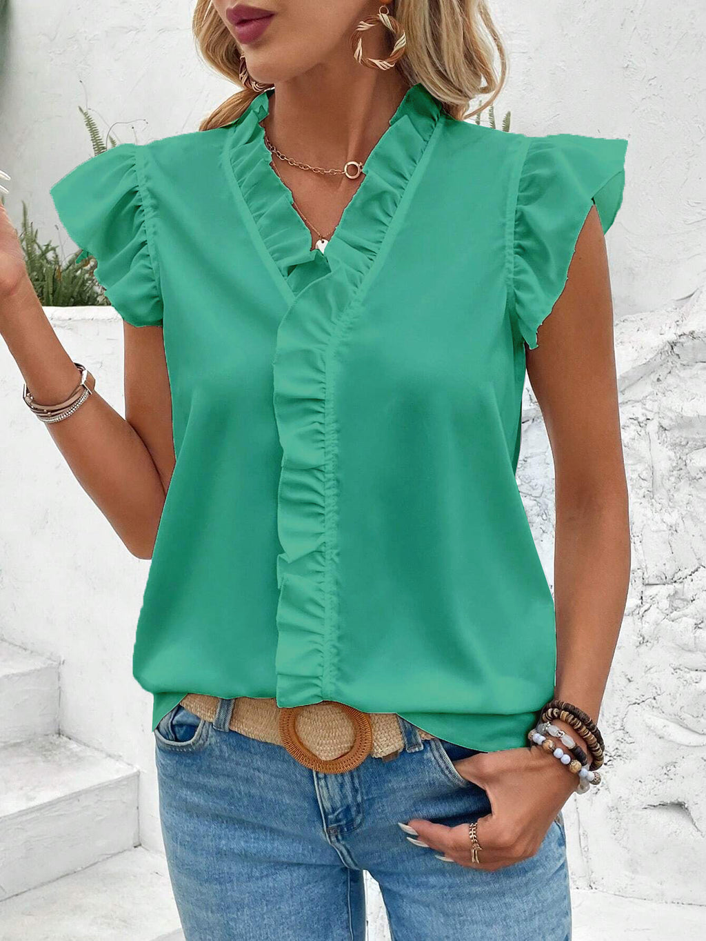 Women's Spring Summer Ruffle Blouse Women Short Sleeved Shirt