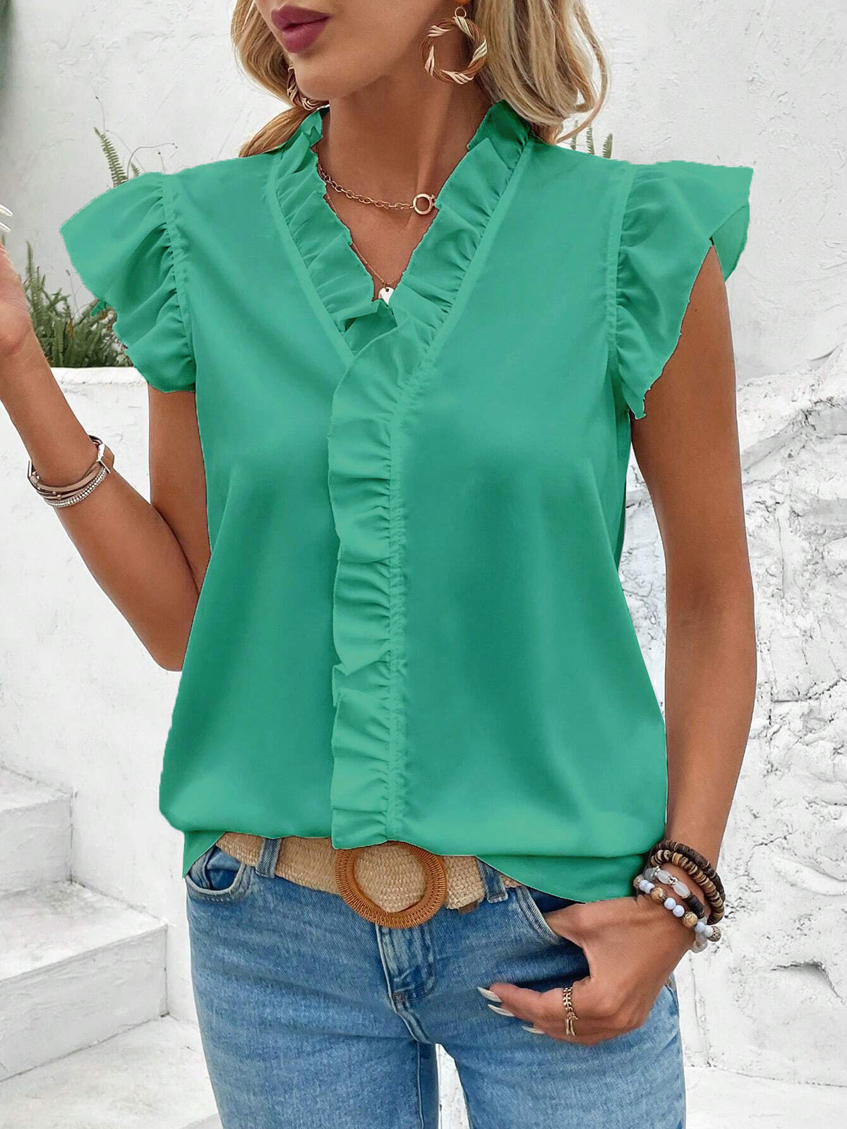 Women's Spring Summer Ruffle Blouse Women Short Sleeved Shirt