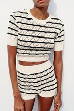 Women's Striped Knitted Top Knitted Shorts Suit