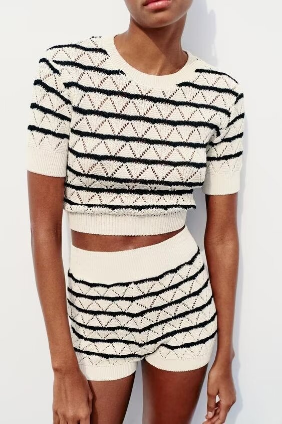 Women's Striped Knitted Top Knitted Shorts Suit