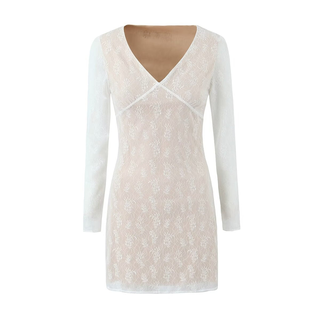 Women's V-Neck Lace Long Sleeve Bodycon Mini Dress