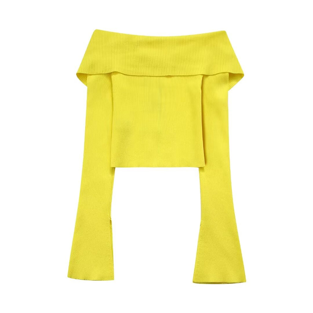 Women’s Yellow Ribbed Off Shoulder Long Sleeve Sweater