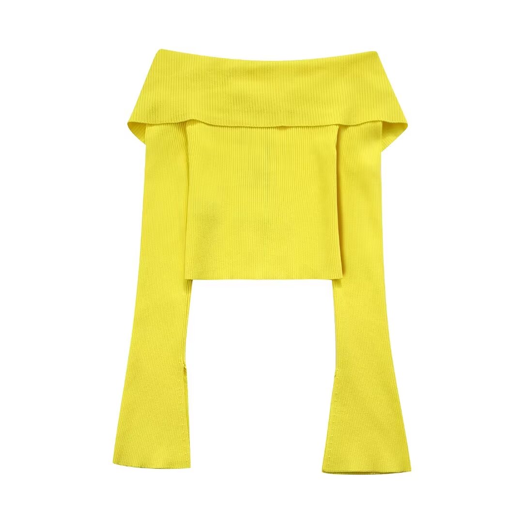 Women’s Yellow Ribbed Off Shoulder Long Sleeve Sweater