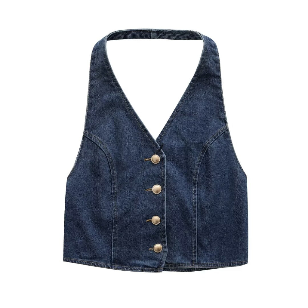 Women's French Denim Halter Vest Top