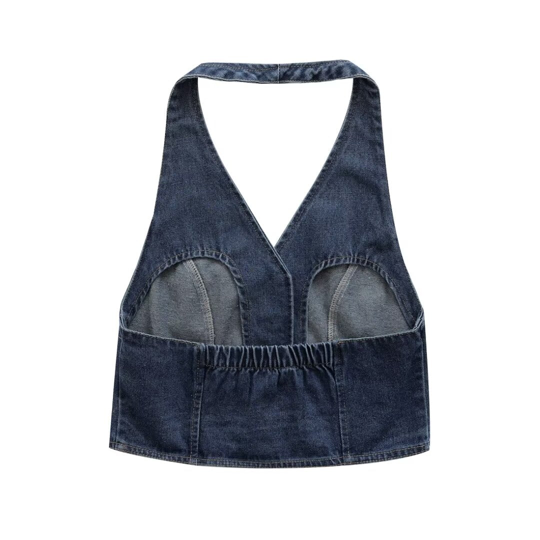 Women's French Denim Halter Vest Top
