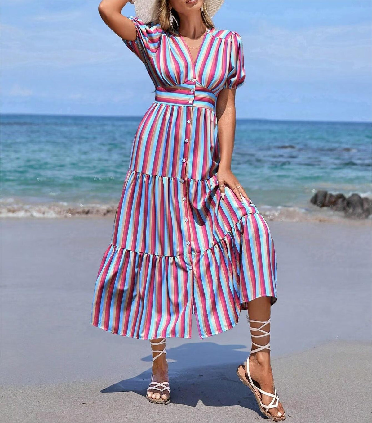 Women's Spring V Neck Short Sleeve High Waist Striped Dress