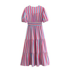 Women's Spring V Neck Short Sleeve High Waist Striped Dress