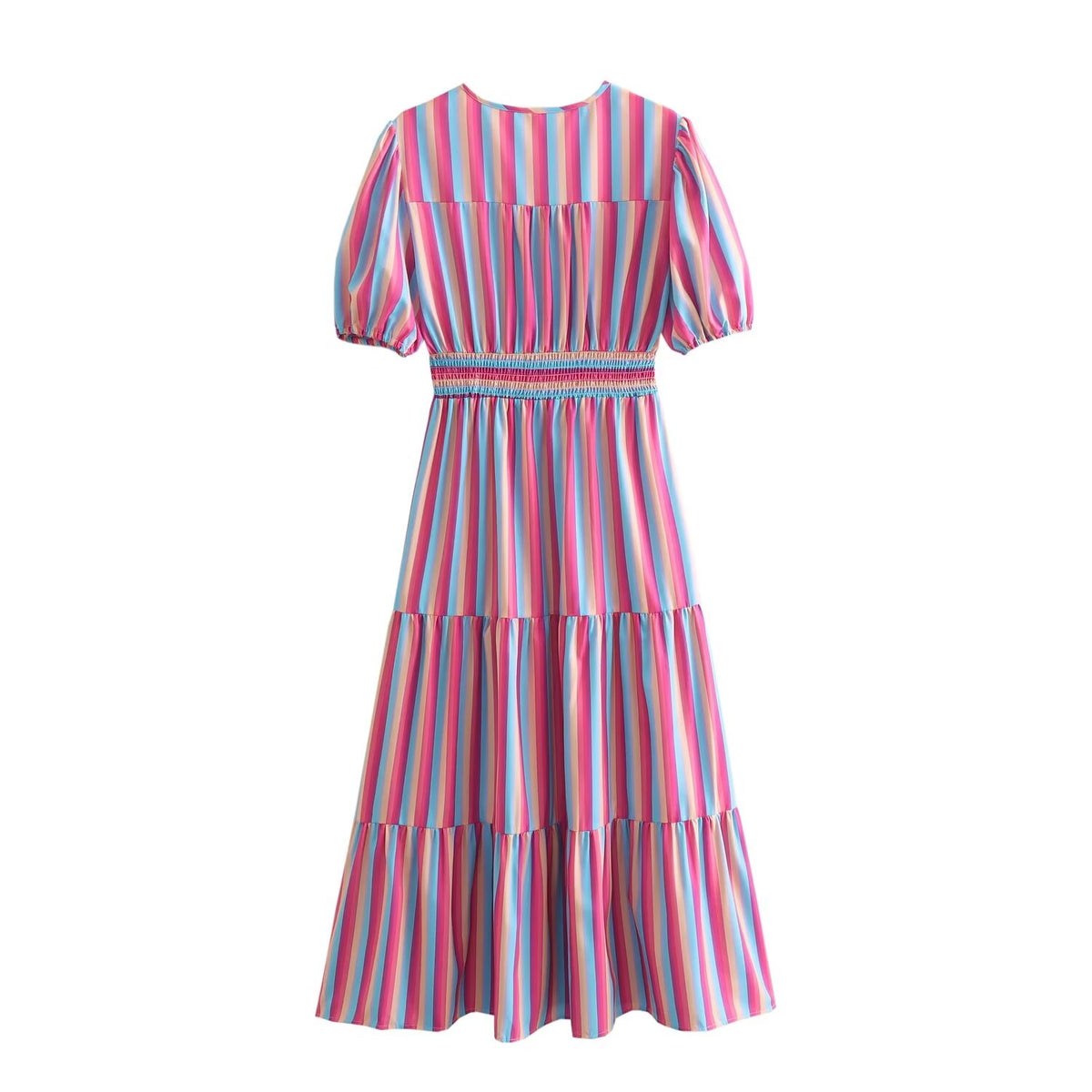 Women's Spring V Neck Short Sleeve High Waist Striped Dress