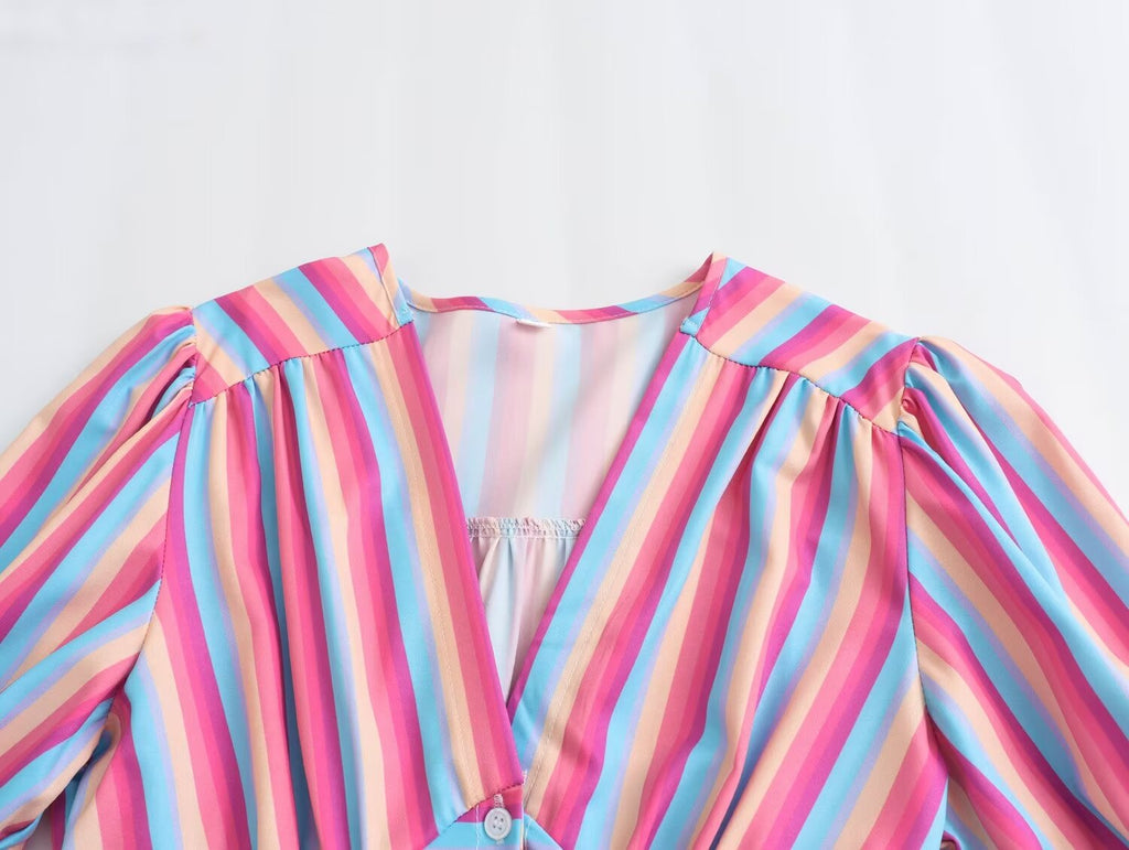 Women's Spring V Neck Short Sleeve High Waist Striped Dress