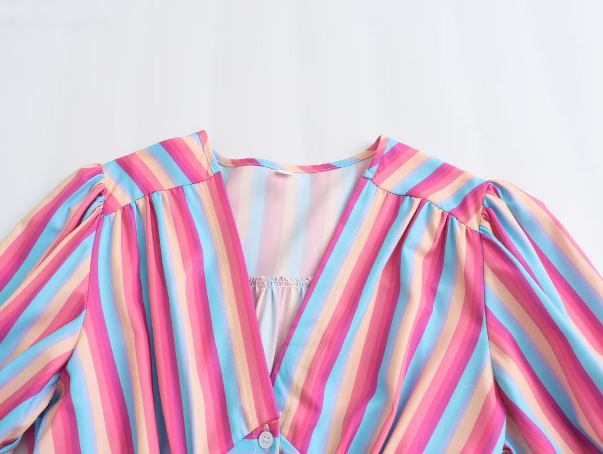 Women's Spring V Neck Short Sleeve High Waist Striped Dress