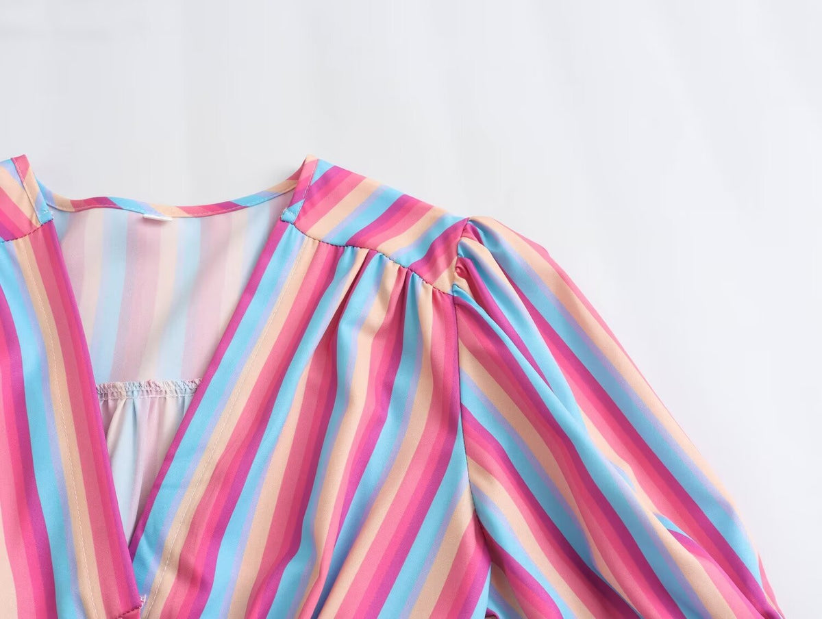 Women's Spring V Neck Short Sleeve High Waist Striped Dress