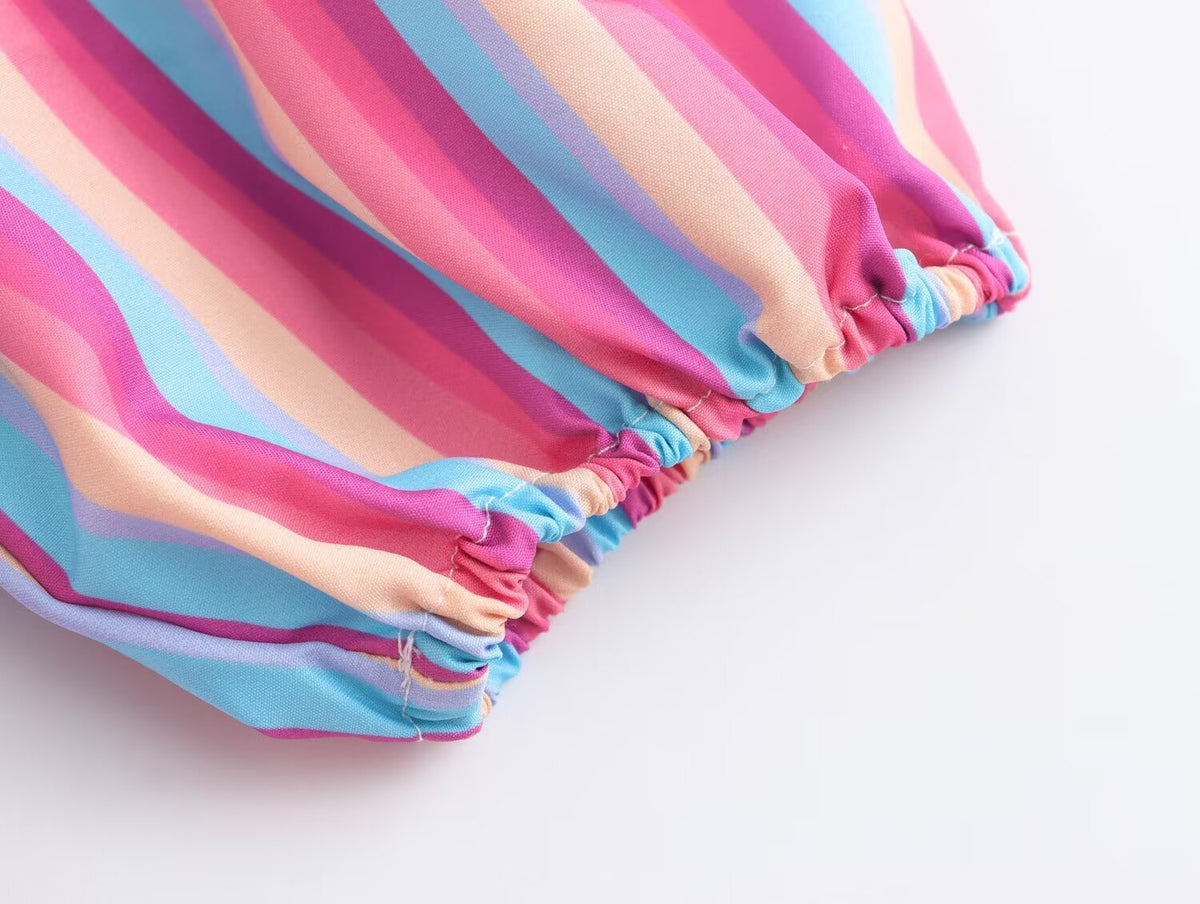 Women's Spring V Neck Short Sleeve High Waist Striped Dress