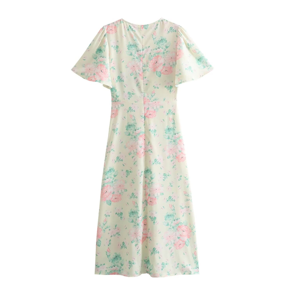 Women's V-Neck Short Sleeve High-Waist Printed Dress