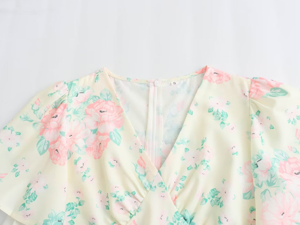 Women's V-Neck Short Sleeve High-Waist Printed Dress