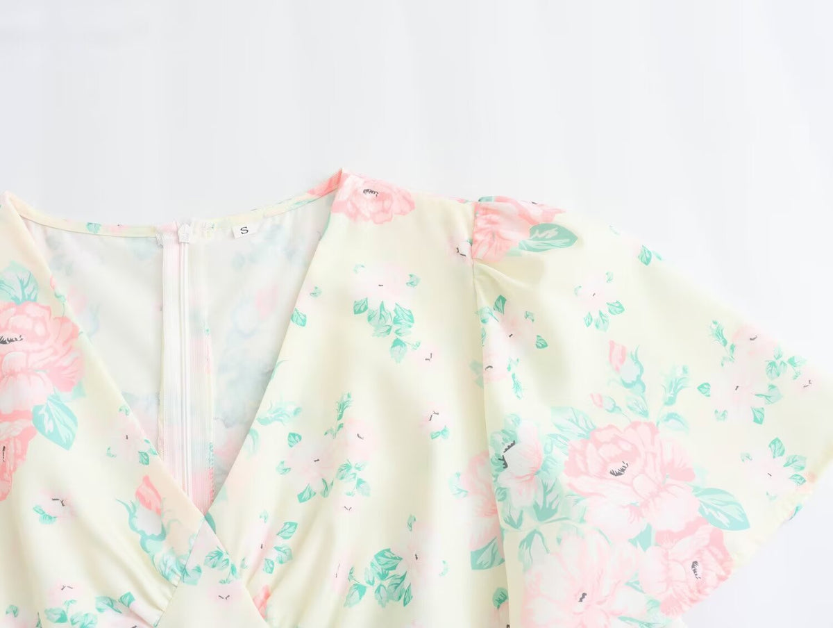 Women's V-Neck Short Sleeve High-Waist Printed Dress