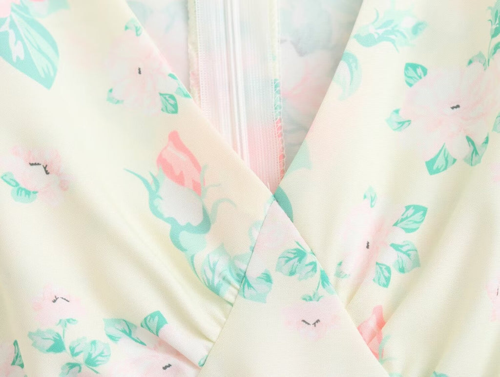 Women's V-Neck Short Sleeve High-Waist Printed Dress