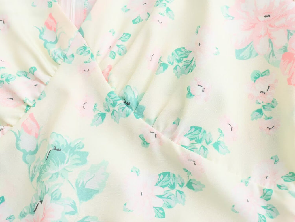 Women's V-Neck Short Sleeve High-Waist Printed Dress