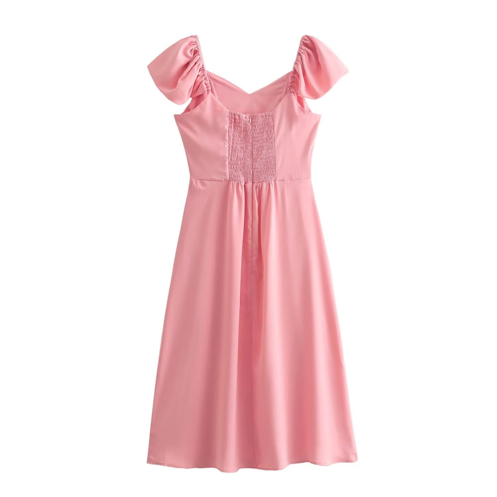 Women's Smocked V-Neck Puff-Sleeve Midi Dress