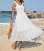 Women's V-Neck Lace Ruffle Sleeveless Maxi Dress