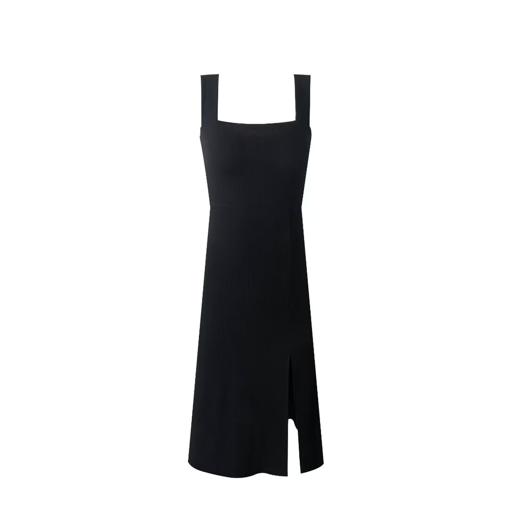 Square-Neck Spaghetti-Strap Side-Slit Midi Dress