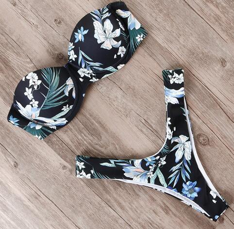 Black floral bikini swimsuit set with underwire bra and high-cut bottoms