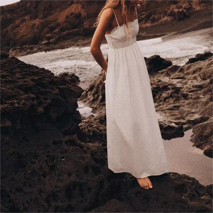 Sweet Embroidery Poplin Strap Elastic Waist Dress Vacation