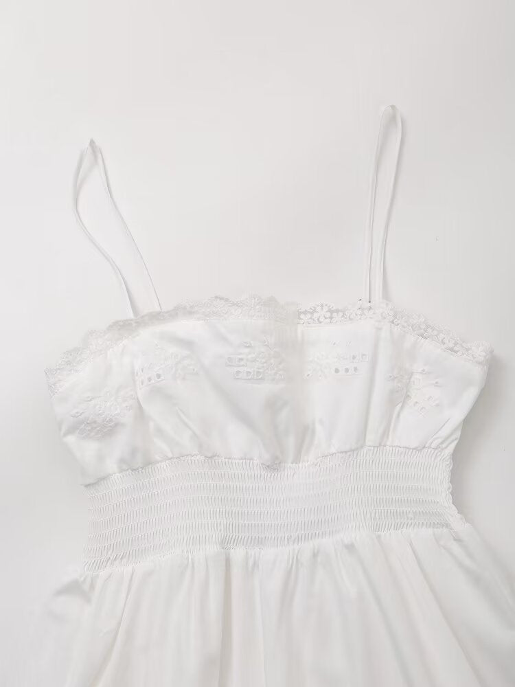 Sweet Embroidery Poplin Strap Elastic Waist Dress Vacation