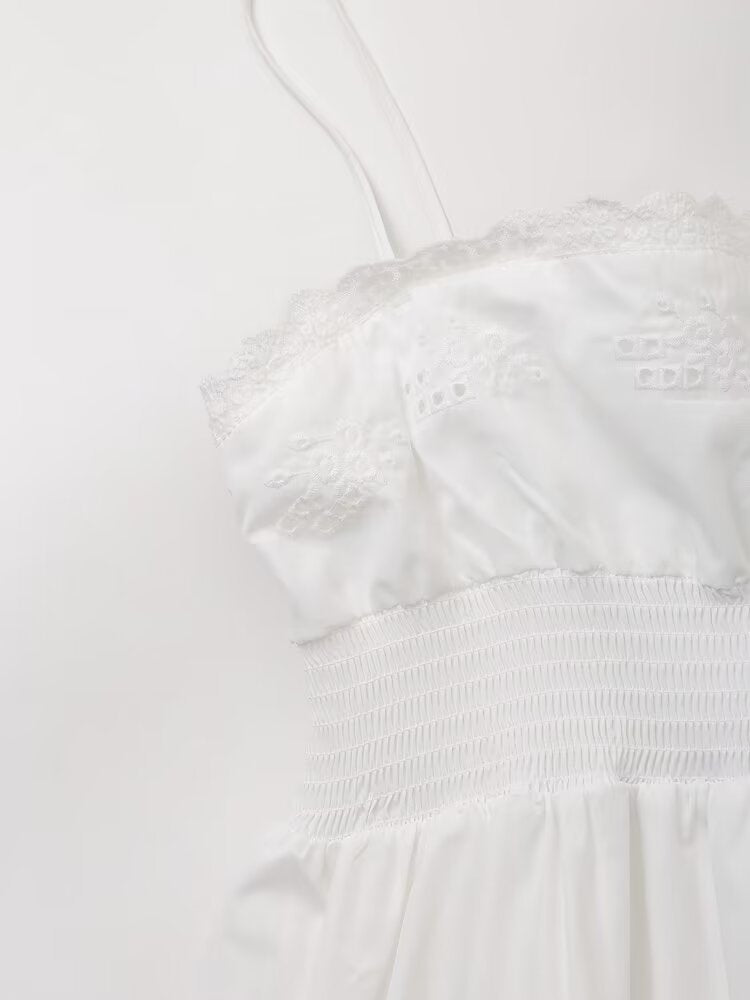 Sweet Embroidery Poplin Strap Elastic Waist Dress Vacation