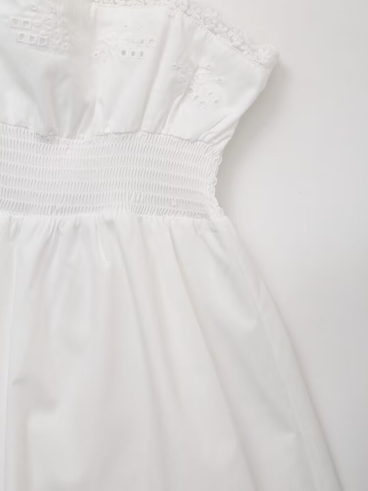 Sweet Embroidery Poplin Strap Elastic Waist Dress Vacation