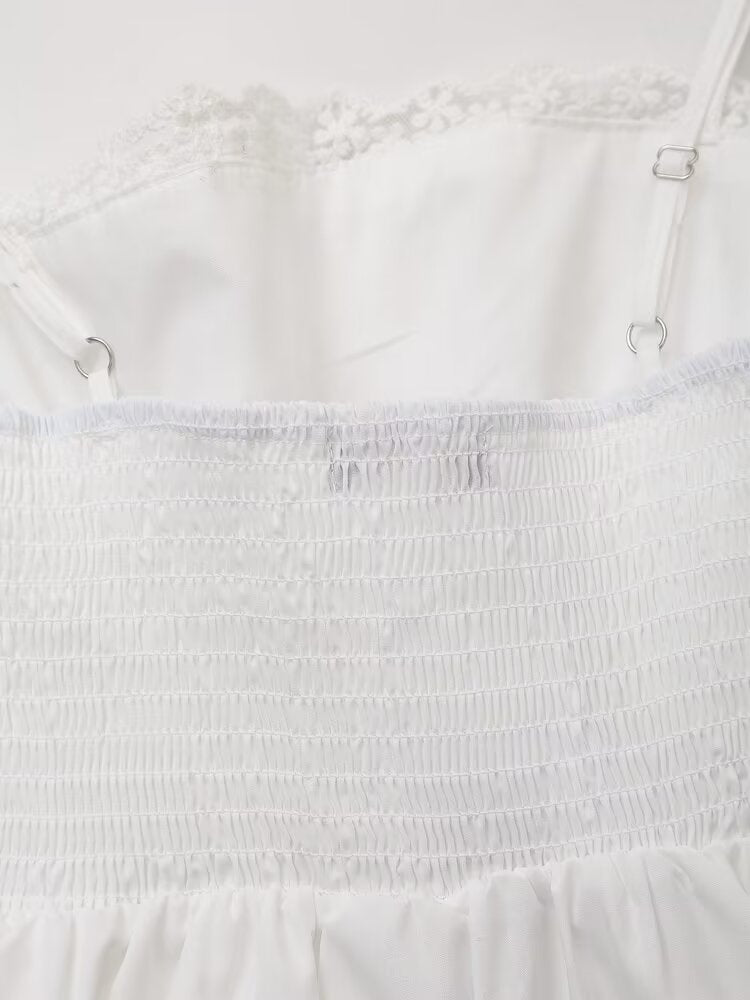 Sweet Embroidery Poplin Strap Elastic Waist Dress Vacation