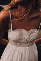 Sweet Embroidery Poplin Strap Elastic Waist Dress Vacation