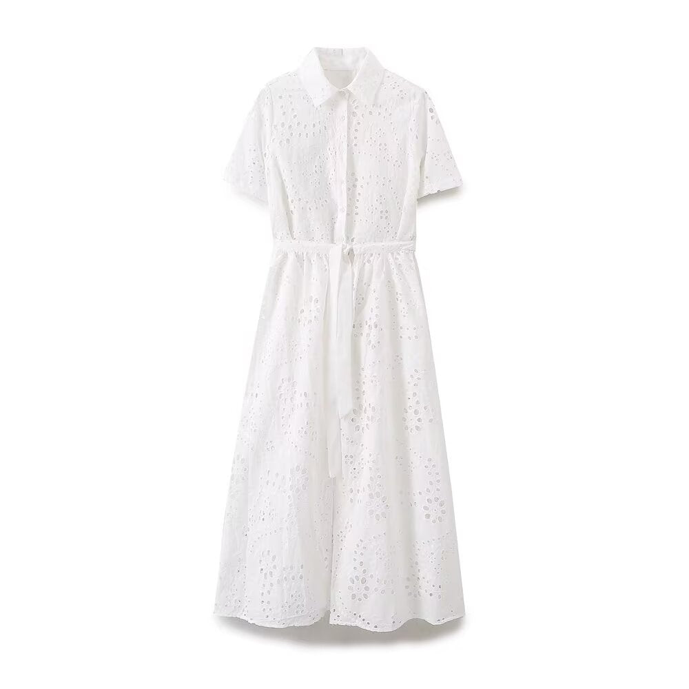 Women's Embroidered Collared Midi Dress