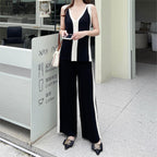 Women's V-Neck Vest Knitted Split Top Color Matching Wide Leg Pants Knitted Two-Piece Suit