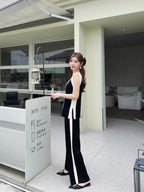 Women's V-Neck Vest Knitted Split Top Color Matching Wide Leg Pants Knitted Two-Piece Suit