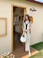 Women's V-Neck Vest Knitted Split Top Color Matching Wide Leg Pants Knitted Two-Piece Suit