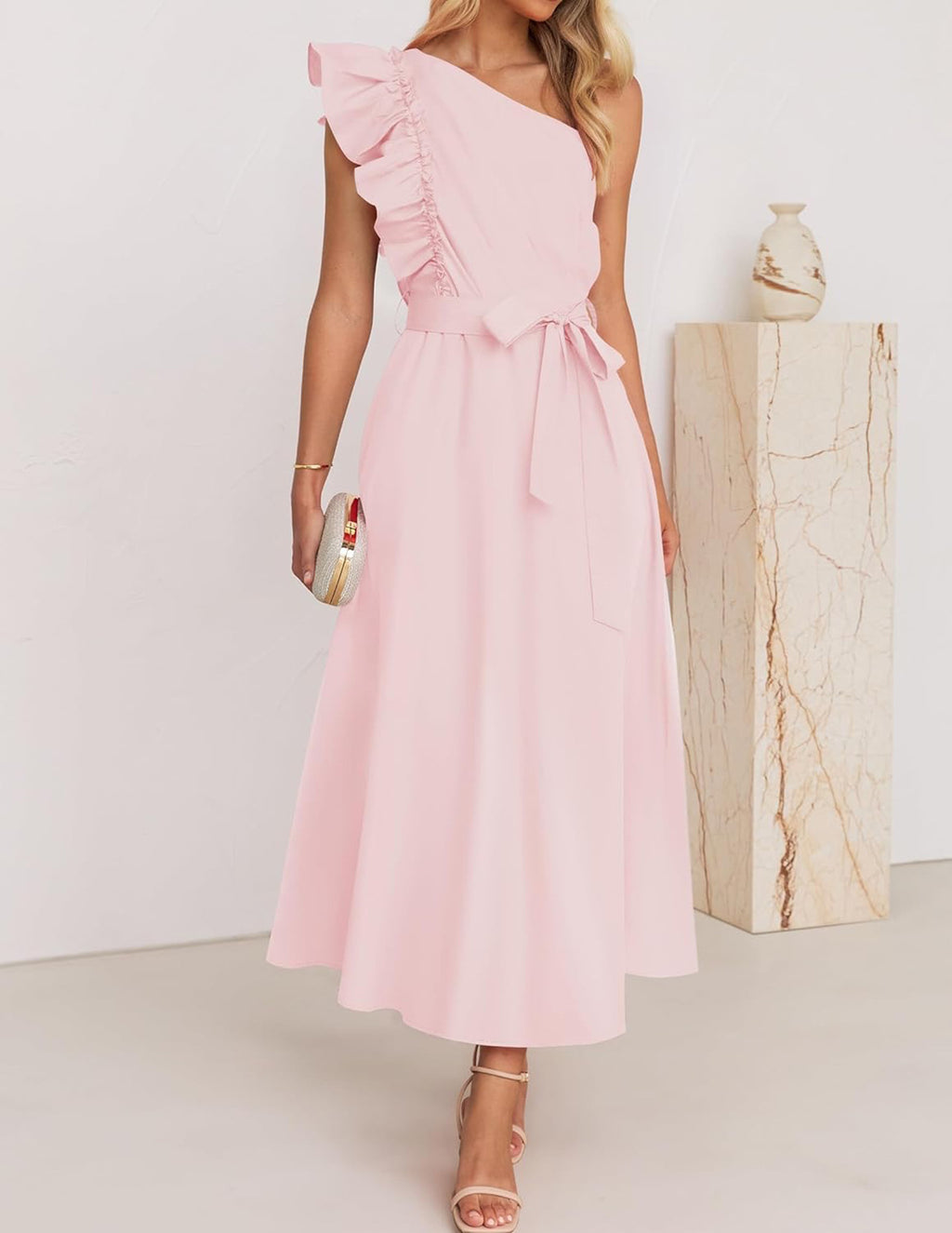 One-Shoulder Belted Bridesmaid Maxi Dress