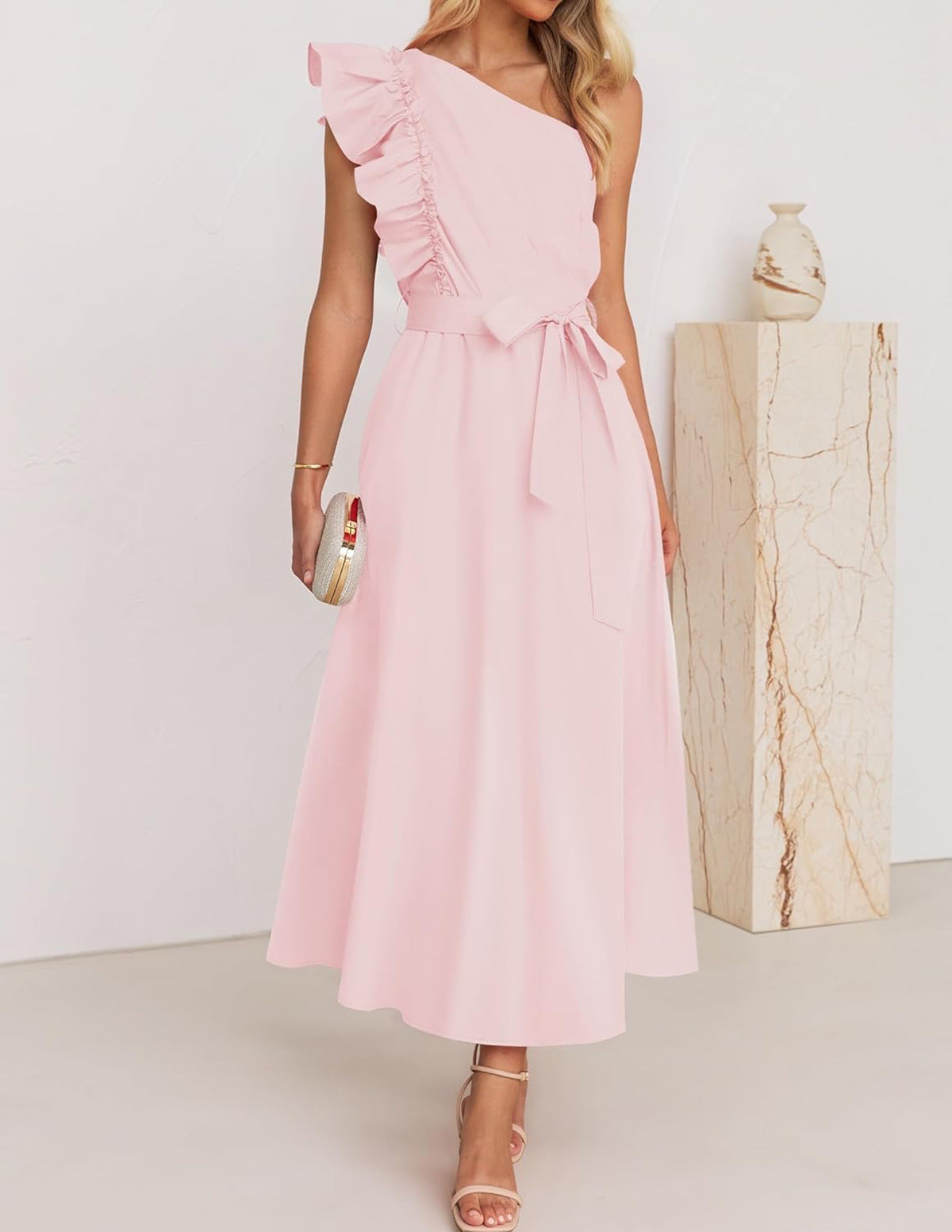 One-Shoulder Belted Bridesmaid Maxi Dress