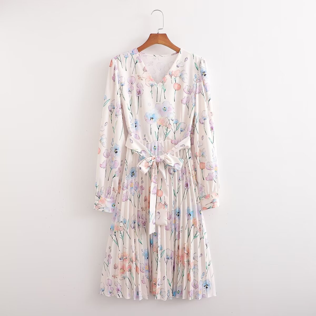Crumpled Printed Long-Sleeve Dress