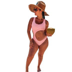 Pink one-piece solid swimsuit, scoop neckline and high-cut leg.