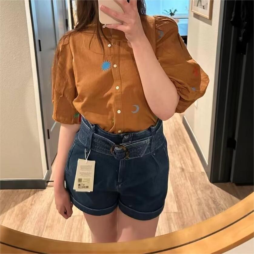 Women's Heavy Industry Embroidery Half Sleeve Shirt National