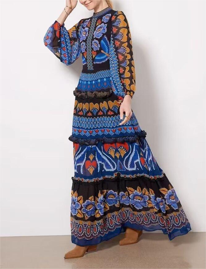 Women's Floral Ruffle Tiered Long-Sleeve Maxi Dress