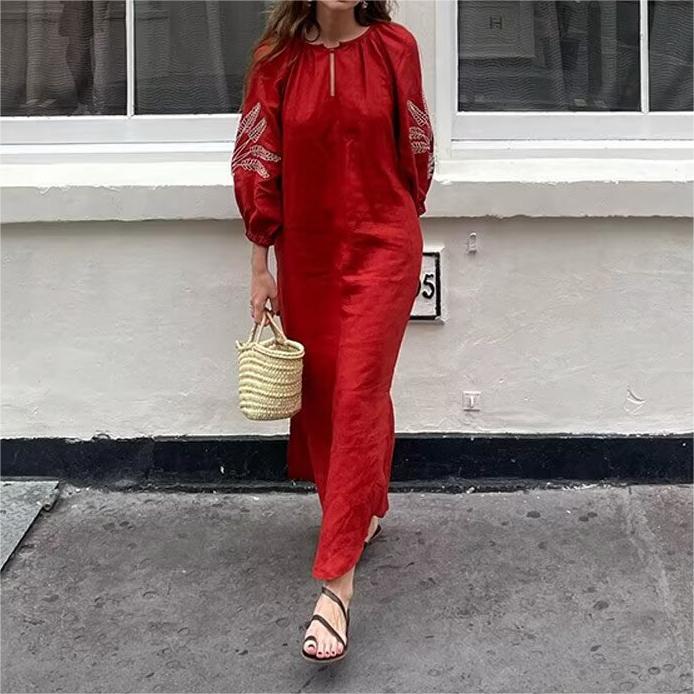 Women's Solid-Color Cotton Linen Embroidery Crew Neck Split Loose Maxi Dress