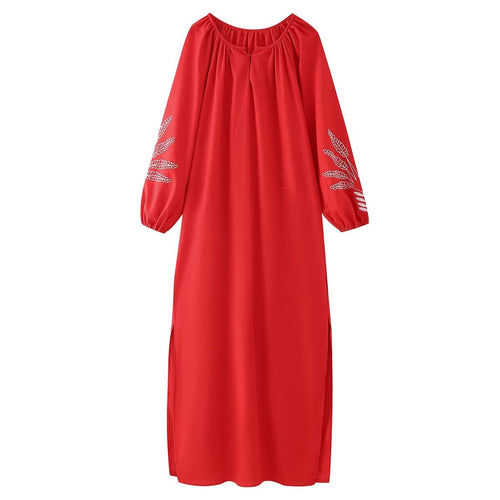 Women Solid Color Cotton Linen Embroidery Crew Neck Split Loose Maxi Dress