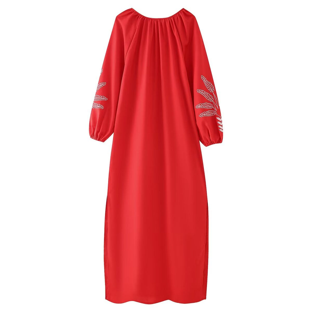 Women's Solid-Color Cotton Linen Embroidery Crew Neck Split Loose Maxi Dress