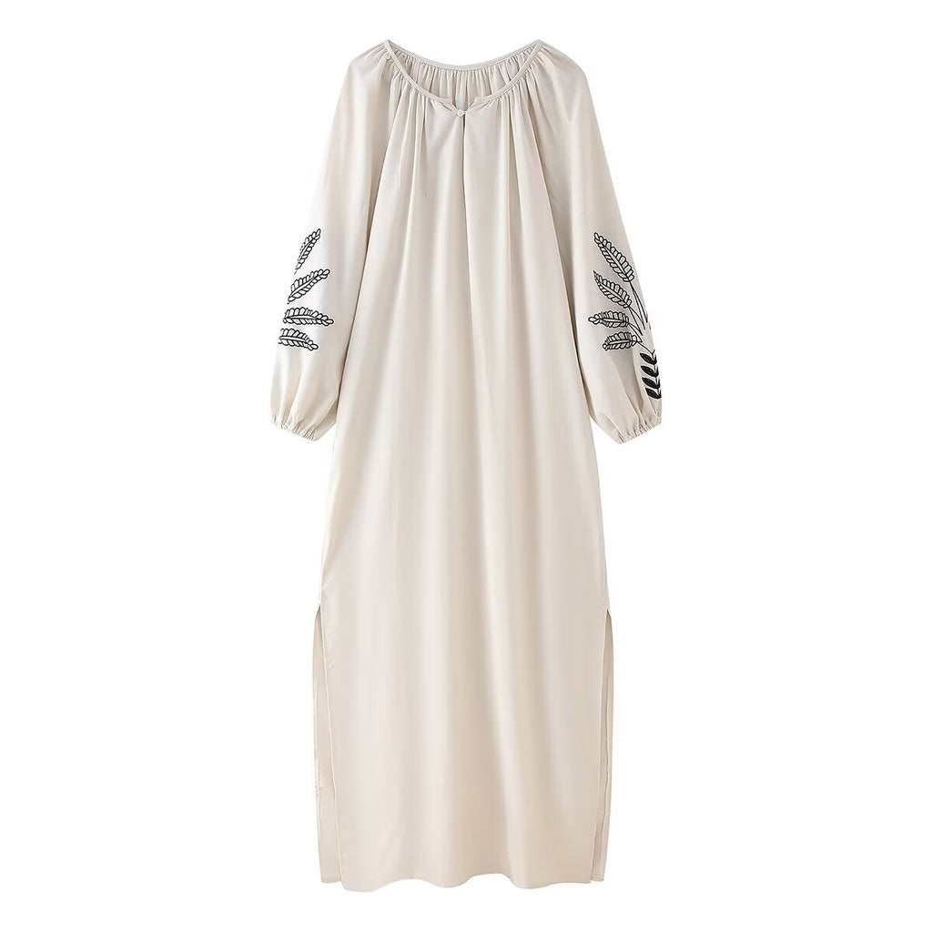Women's Solid-Color Cotton Linen Embroidery Crew Neck Split Loose Maxi Dress
