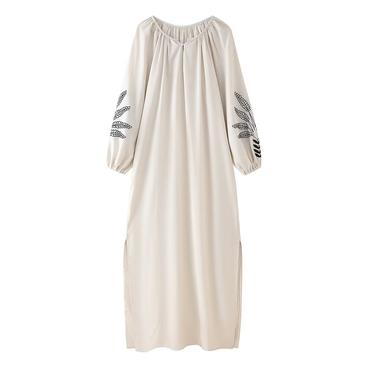 Women's Solid-Color Cotton Linen Embroidery Crew Neck Split Loose Maxi Dress